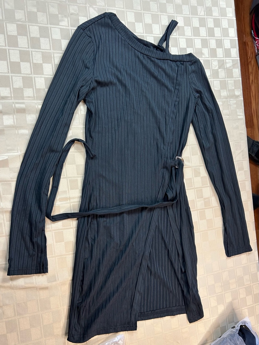 Long Sleeve Ribbed Tunic with Asymmetrical Neckline and Wrap Buckle Closure
